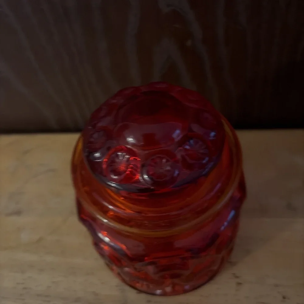 Vintage LE Smith Amberina Moon And Star Canister Lidded Glass Jar 5 In
